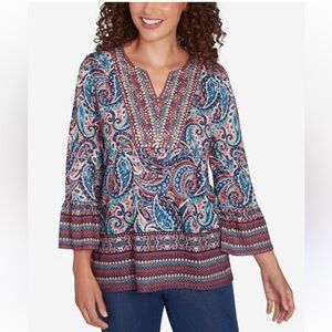 Ruby Rd. Paisley Boho Tunic Embellished split Neck Flounce 3/4 sleeves XL NEW
